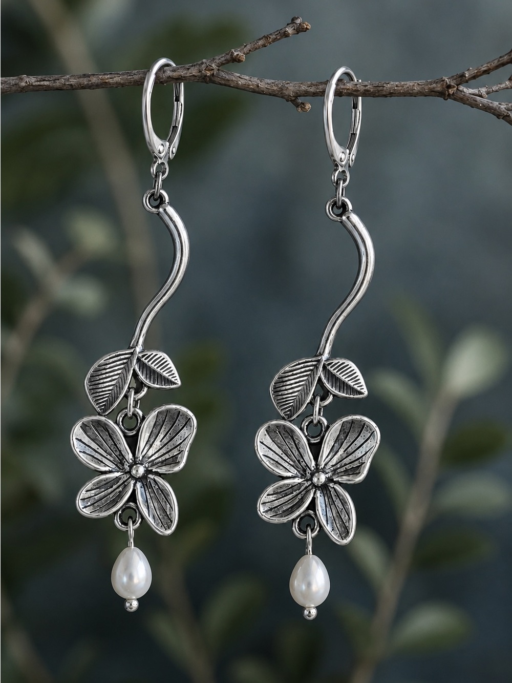 Freshwater Teardrop Pearl Long Silver Flower Earrings, Premium Leverback